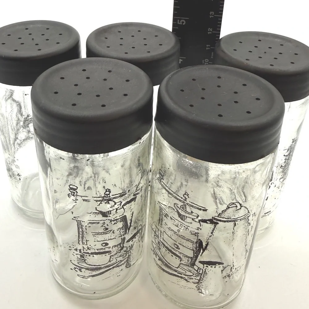 Vintage Watkins Glass Spice Jar Set of 5 Black Graphic Kitchen Sketch Shakers